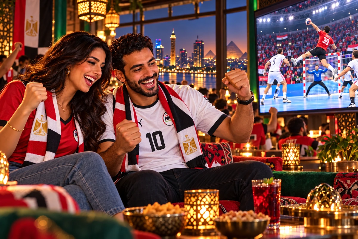 زوجان مصريان يشجعان مباراة كرة يد في صالة رياضية بالقاهرة