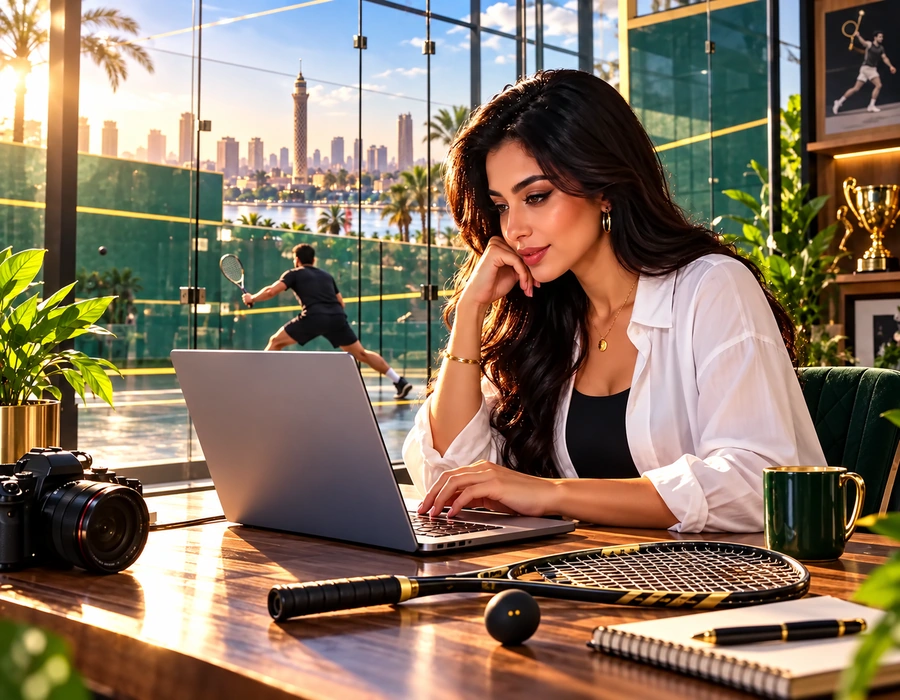صانعة محتوى مصرية تعمل على حاسوبها بجوار ملعب إسكواش