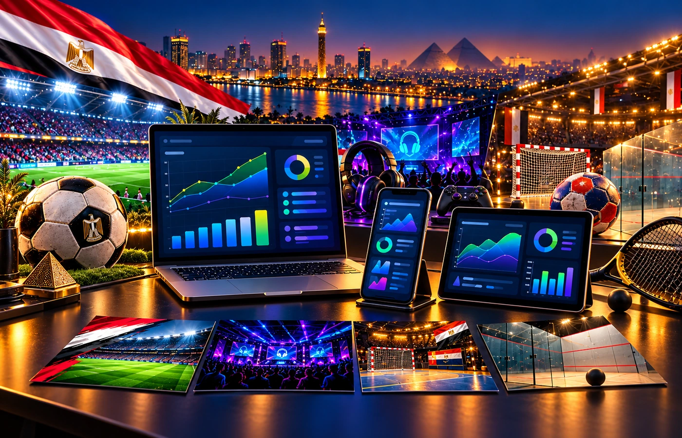 أدوات الشريك الرقمية مع مشاهد لكرة القدم والرياضات الإلكترونية وكرة اليد والإسكواش